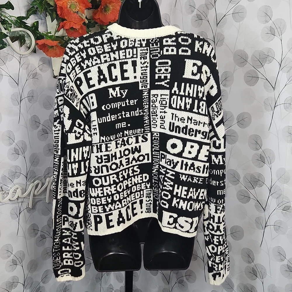 Obey Black & White Newsprint "Peace" Crewneck Sweater - Picture 5 of 7